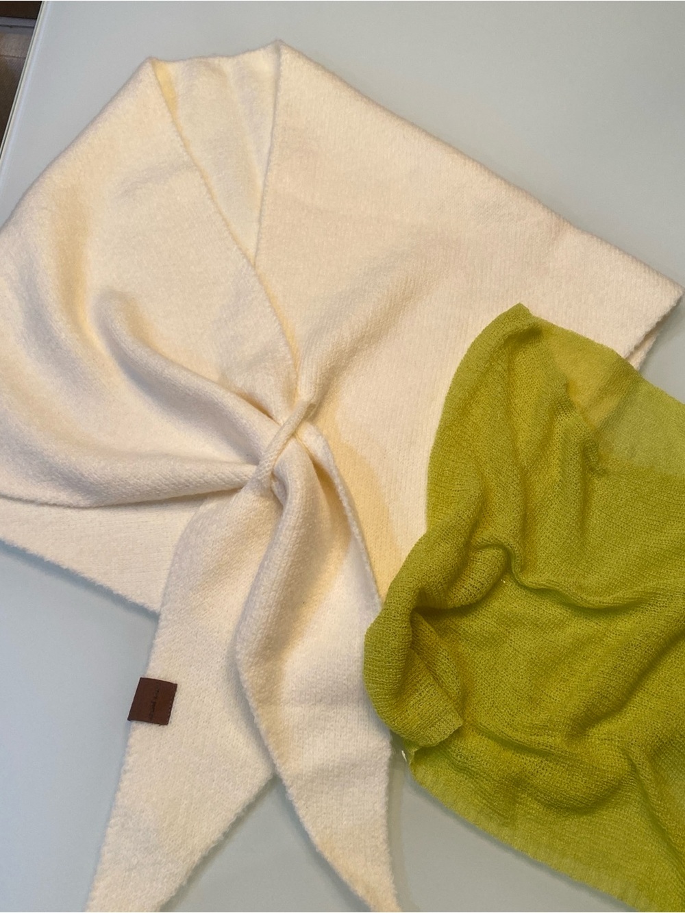 Cozy Knit Wrap & Sheer Asymmetrical Poncho Set - Cream Shawl + Chartreuse Green